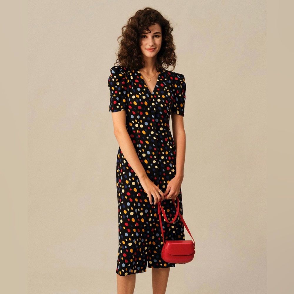 Black Polka Dot Midi Dress with Multicolor Spots